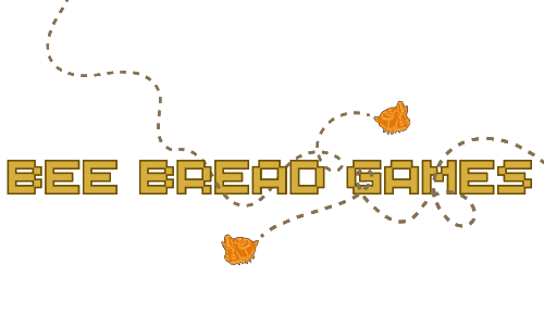 Bee Bread Games written in a dark yellow pixel font. pixel bread bees fly around it